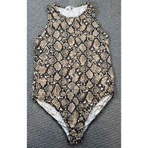 Fashion Nova Snake Skin Print Bodysuit Size L High Neck Sleeveless Bodycon Top